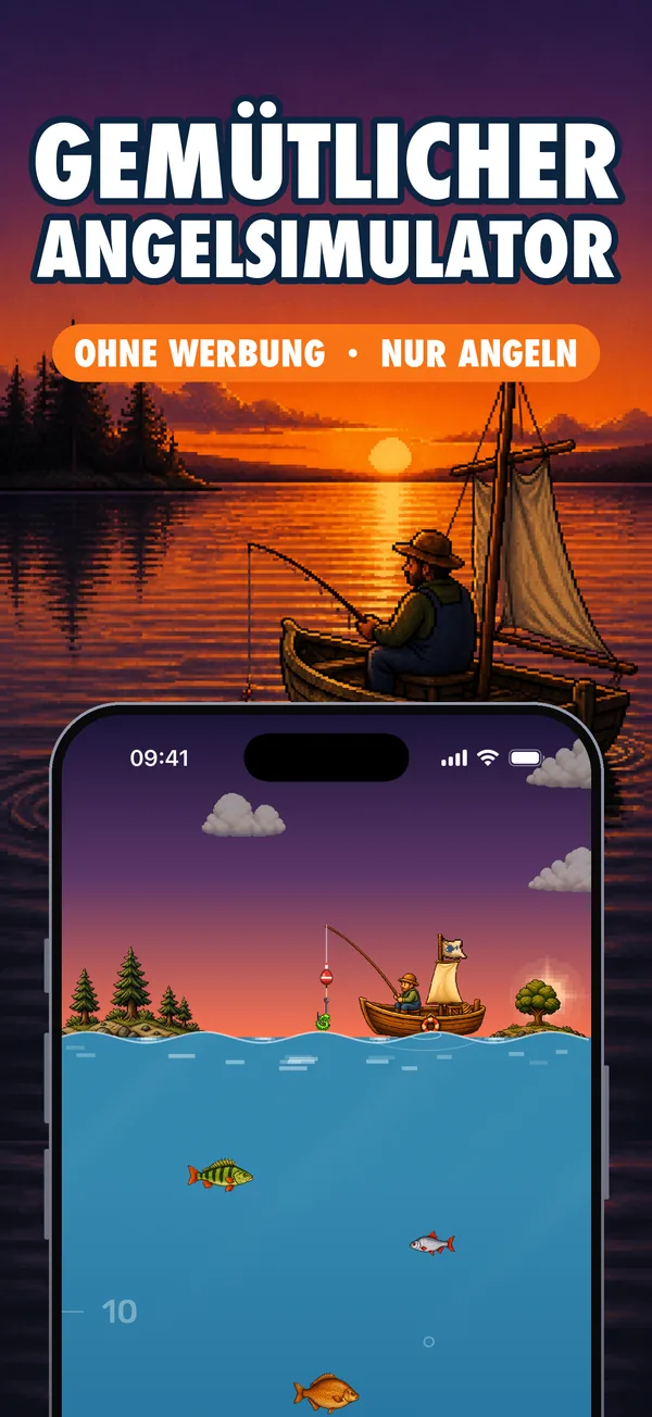 Pixel-Art-Angelspiel: Auswerfen in der Abenddämmerung, die Sonne geht in Echtzeit unter