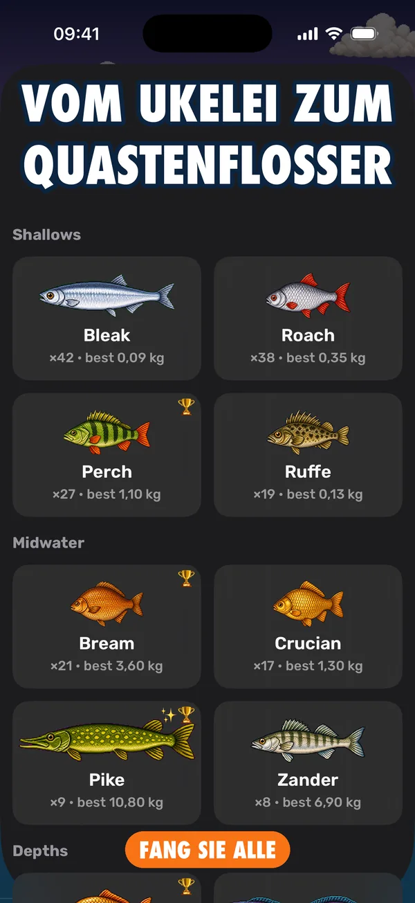 Fishdex-Sammlung mit Karten seltener und legendärer Fische