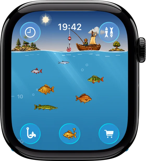 Apple-Watch-Display: ein Boot auf dem See, darunter schwimmen Fische