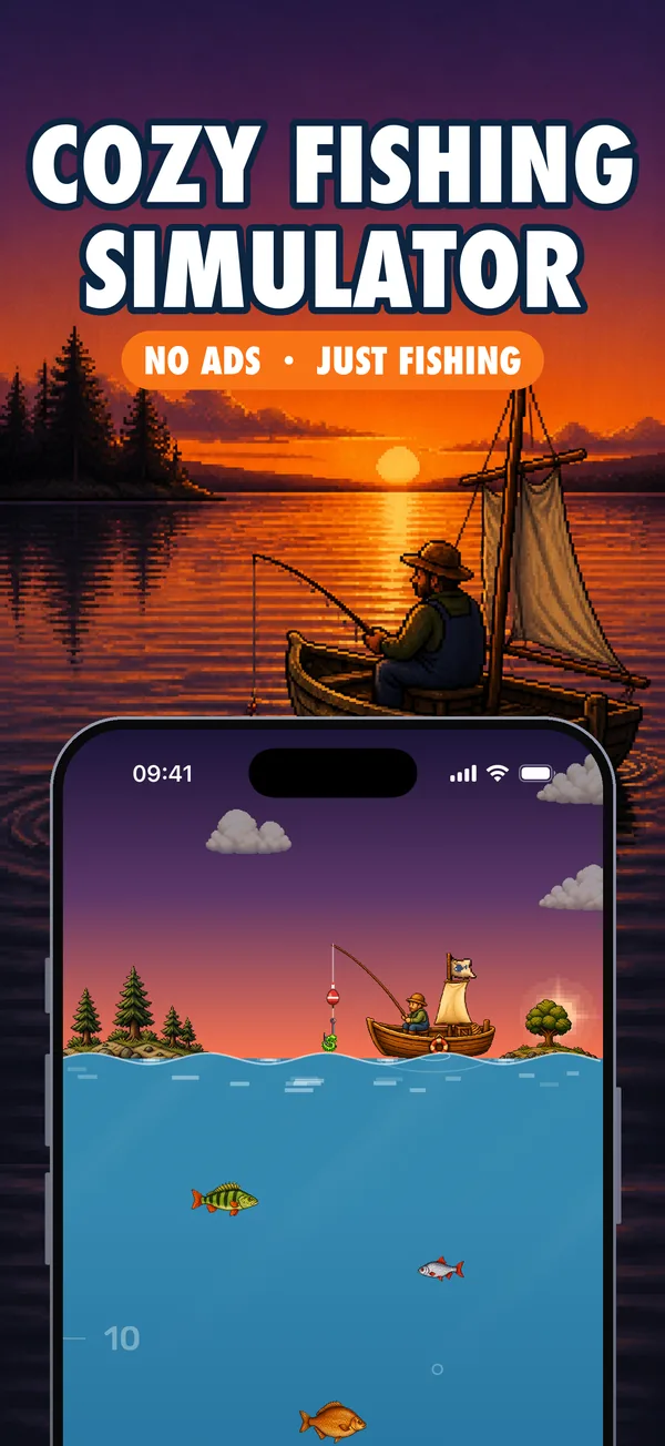 Pixel-art fishing game screenshot: casting a line at dusk, the sun setting in real time