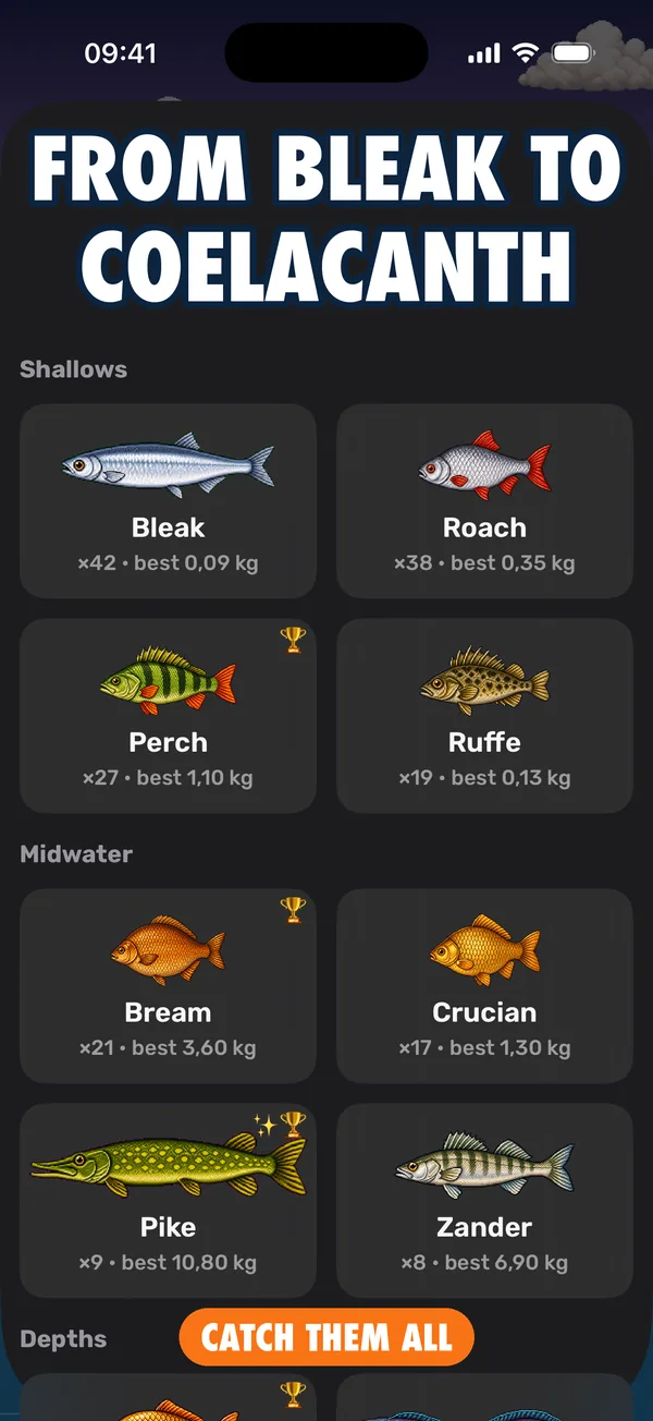 Fishdex collection screen with rare and legendary fish cards
