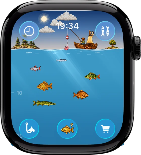 Apple Watch screen: a boat on the lake, fish swimming below