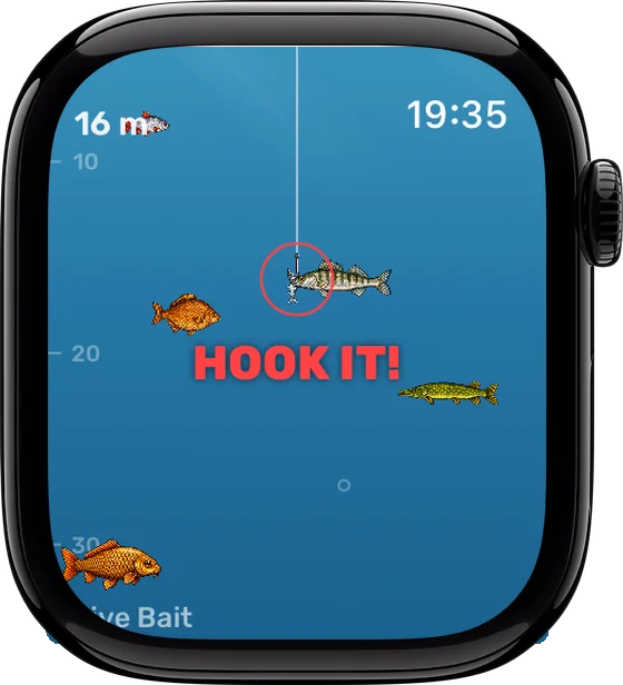 Apple Watch screen: a fish bites — time to hook it