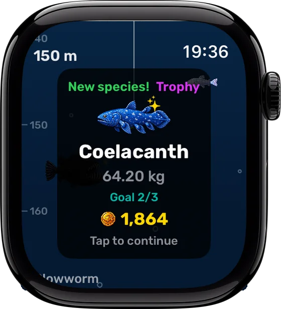Apple Watch screen: a new species landed — a 64 kg coelacanth