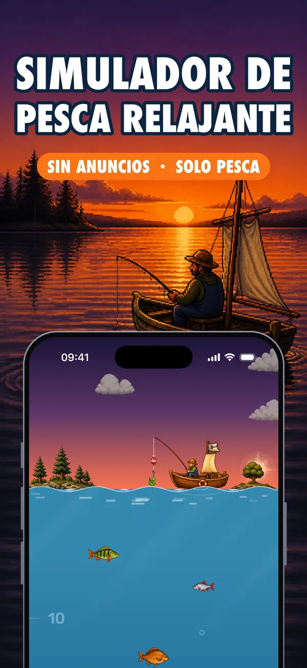 Juego de pesca en pixel art: lanzando al atardecer, el sol se pone en tiempo real