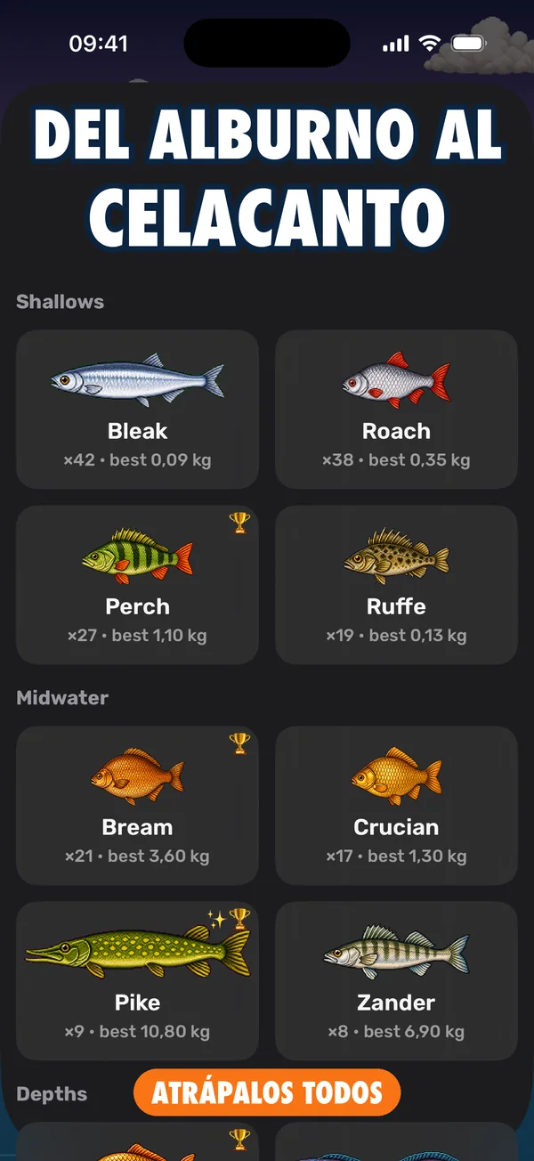 Pantalla de colección Fishdex con cartas de peces raros y legendarios