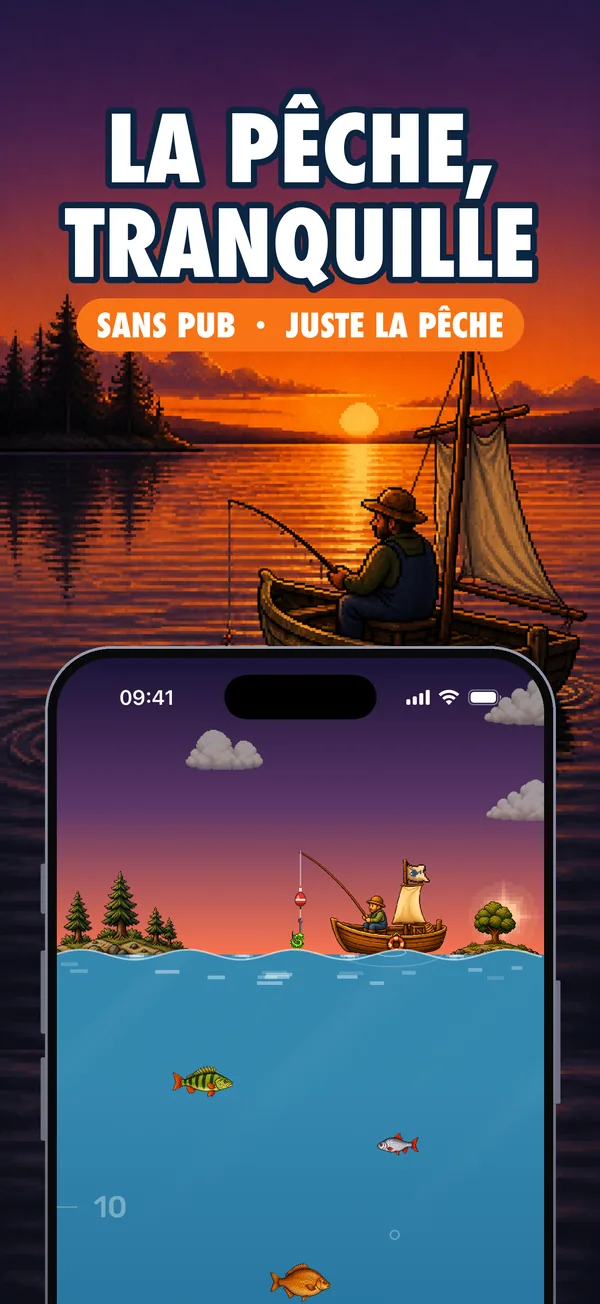 Jeu de pêche en pixel art : lancer au crépuscule, le soleil se couche en temps réel