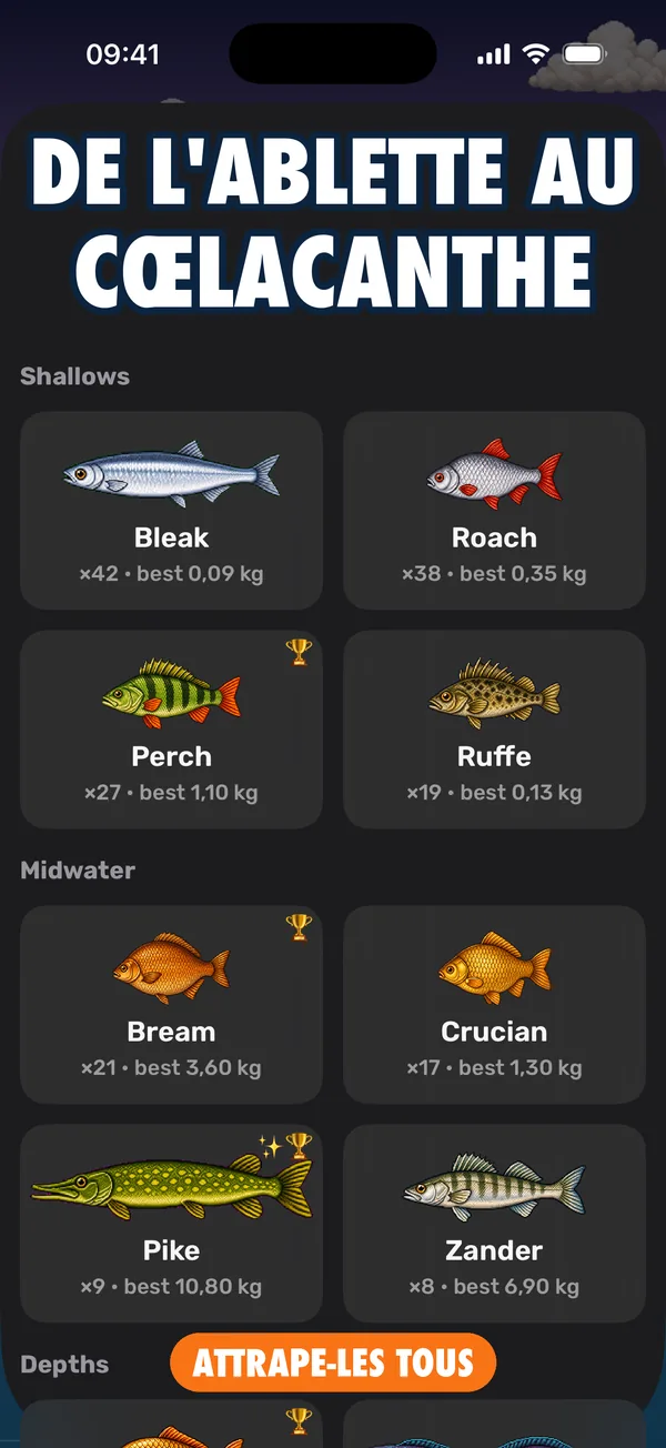 Écran de collection Fishdex avec des cartes de poissons rares et légendaires