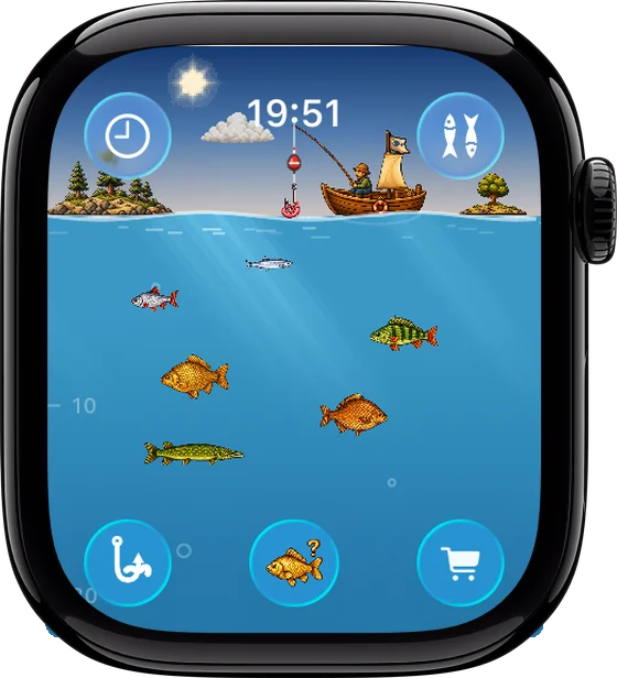 Apple Watchの画面：湖に浮かぶボートと、その下を泳ぐ魚