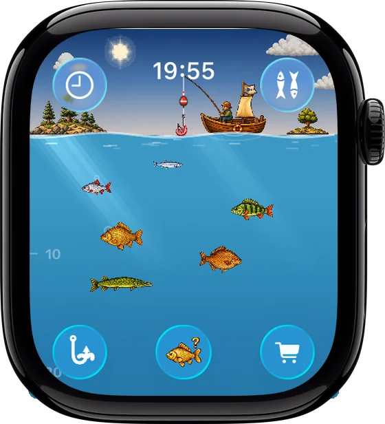 Экран Apple Watch: лодка на озере, под водой плавают рыбы
